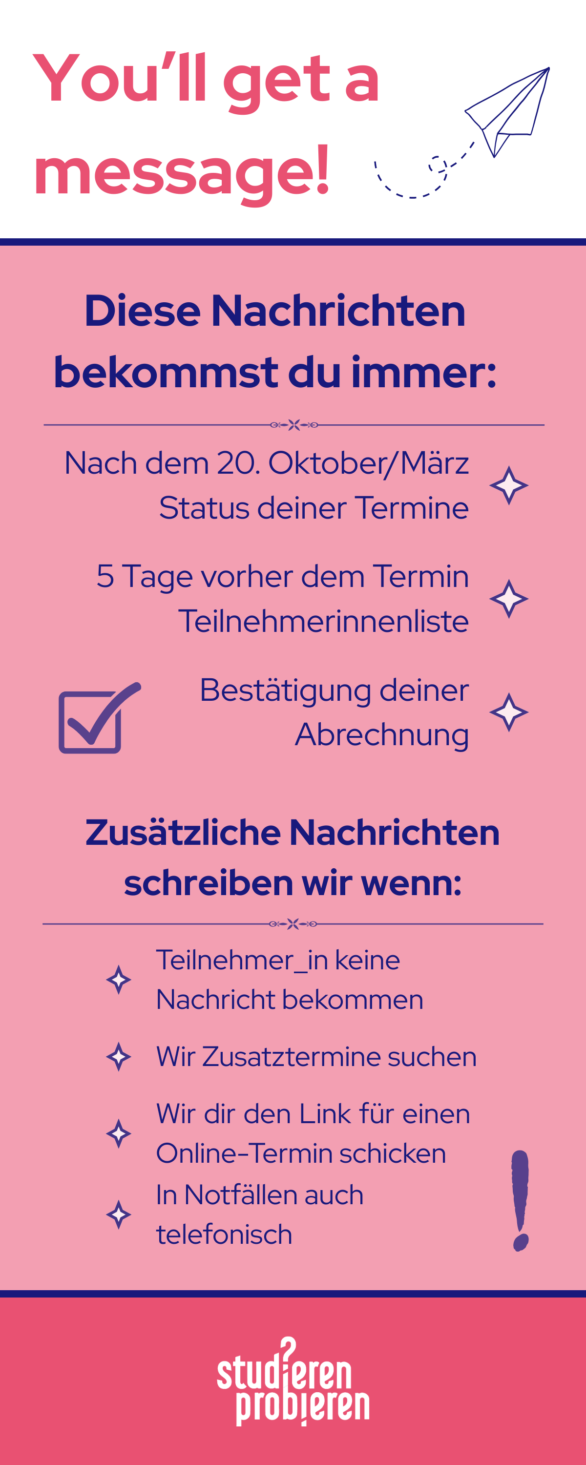 Du bekommst immer eine Nachricht nach dem 20. Oktober/März mit dem Status deiner Termine, 5 Tage vor dem Termin mit der TeilnehmerInnenliste,
      dann die Bestätigung deiner Abrechnung. Zusätzliche Nachrichten schreiben wir, wenn TeilnehmerInnen keine Nachricht bekommen, wenn wir Zusatztermine suchen,
      wenn wir dir den Link für einen Online-Termin schicken oder in Notfällen (auch telefonisch).